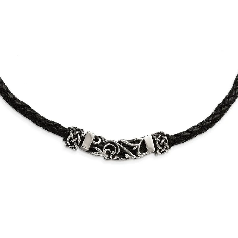 Ladies necklaces sapphire accents-Stainless Steel Black Leather w/Antiqued Beads Necklace