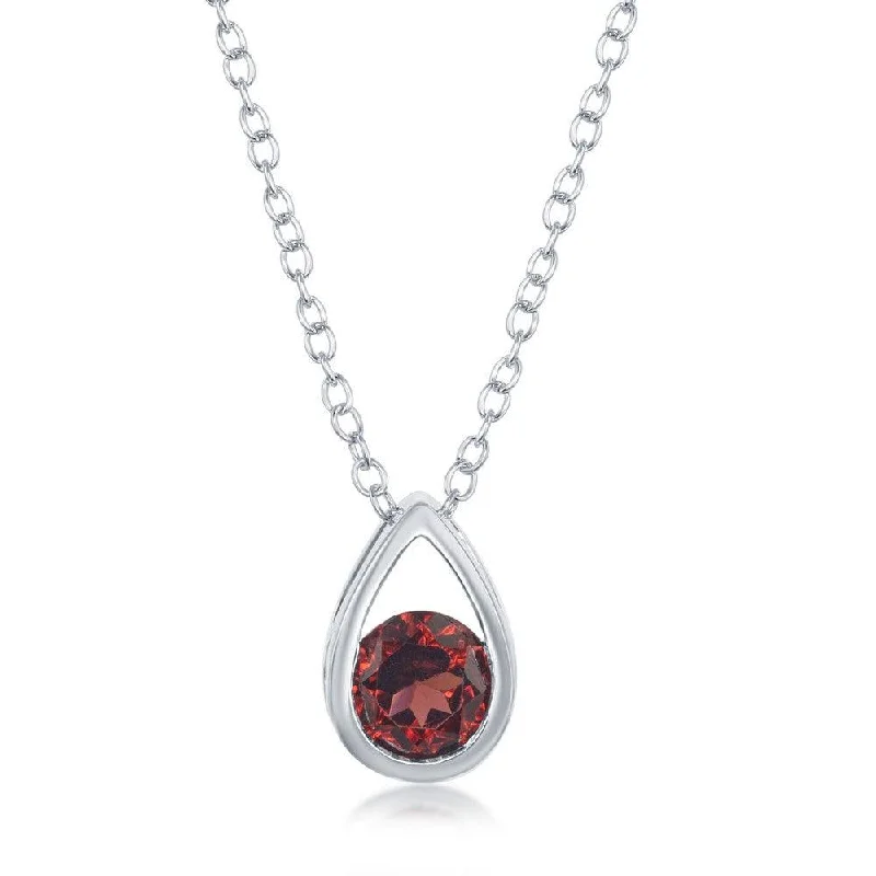 Ladies necklaces bridal jewelry-Sterling Silver Open Pear Shaped Round Garnet Necklace