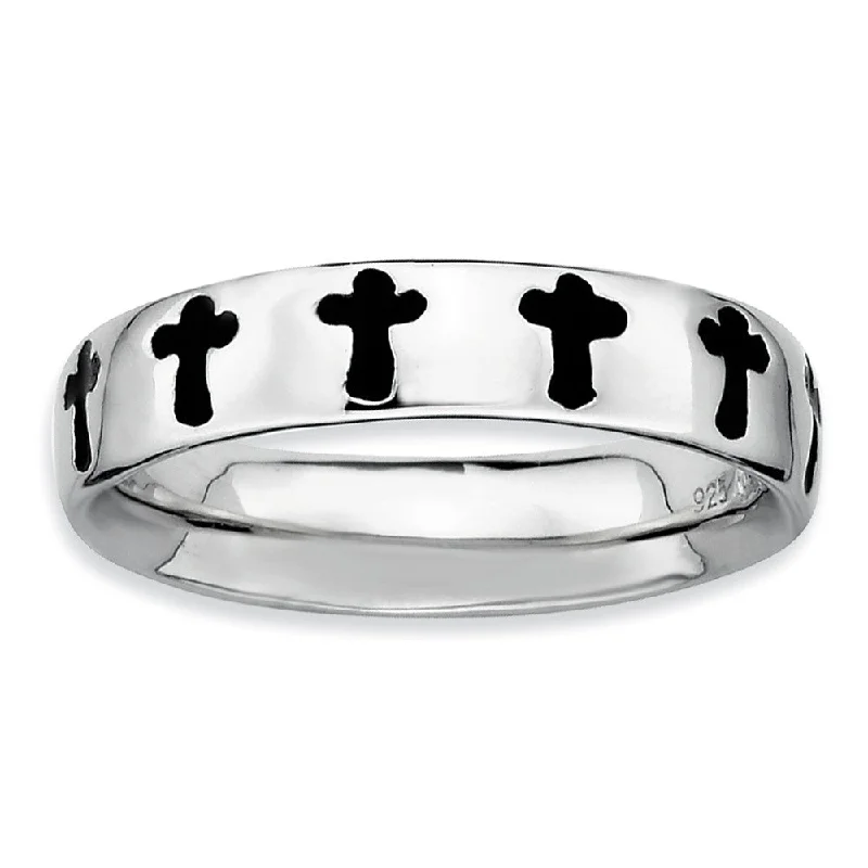 Ladies ring engraved names-Rhodium Plated Sterling Silver, Black Enameled Stackable Cross Band