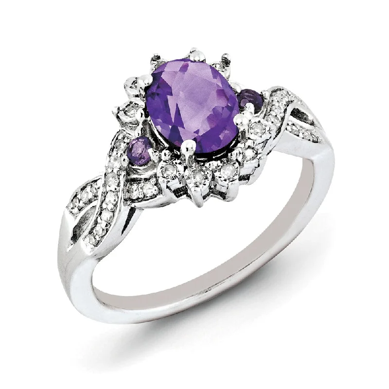 Ladies ring minimalist charm-Oval Amethyst & .15 Ctw Diamond Halo Sterling Silver Ring