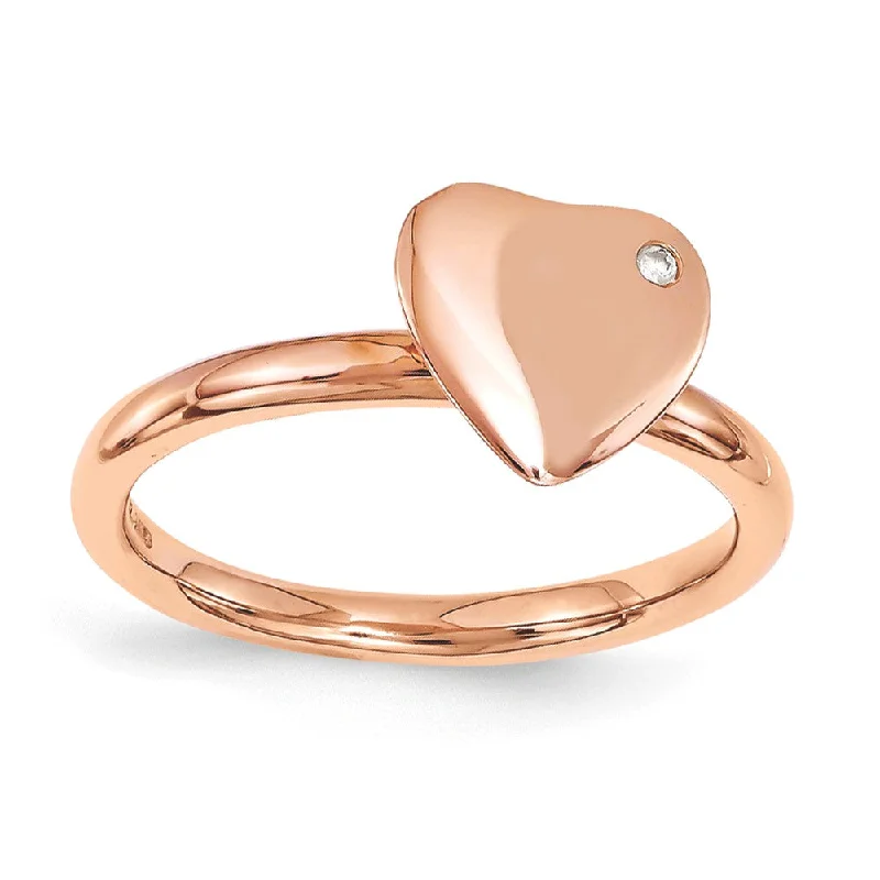 Ladies ring top brands-14k Rose Gold Plated Sterling Silver 8mm Heart 1pt Diamond Stack Ring