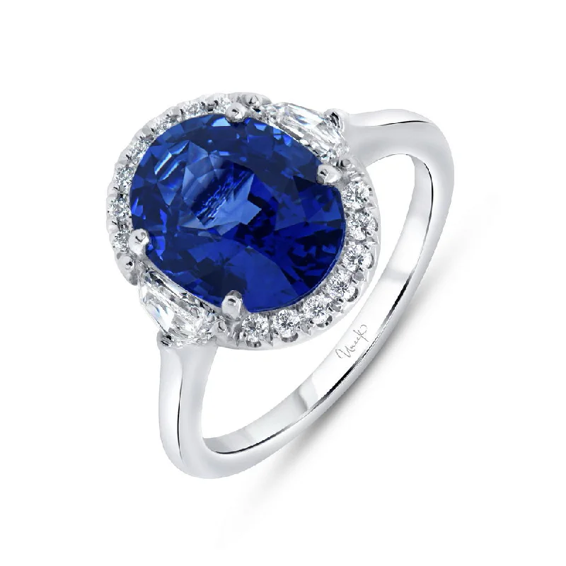 Ladies engagement rings dainty looks-Uneek Precious Collection 3-Stone-Halo Oval Shaped Blue Sapphire Engagement Ring