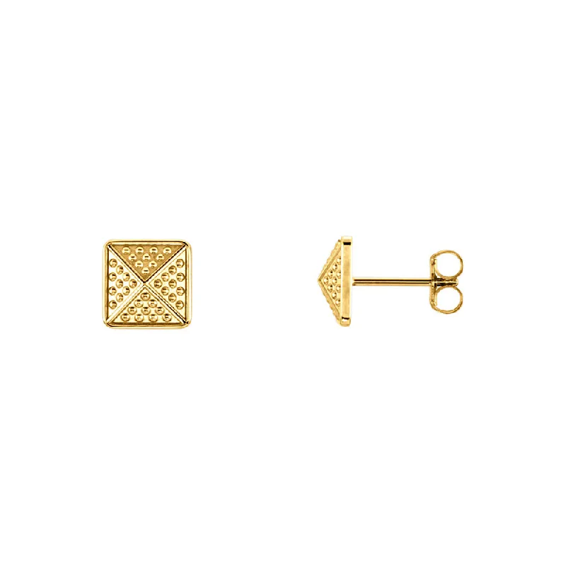 Ladies earrings handmade pieces-8mm Textured Square Pyramid Stud Earrings in 14k Yellow Gold