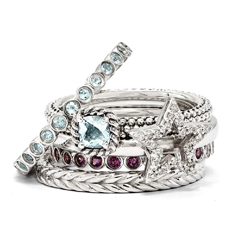 Ladies ring group customs-Sterling Silver Stackable Shining Diamond Star & Gemstone Ring Set