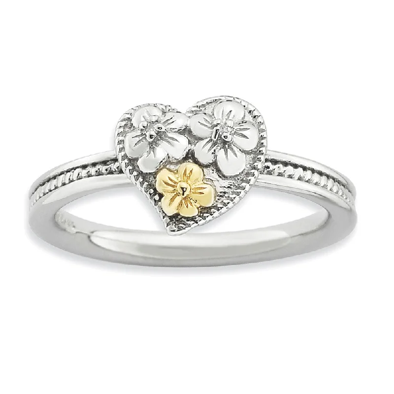 Ladies ring group customs-Sterling Silver, 14k Gold Plated & Diamond 9mm Floral Heart Stack Ring