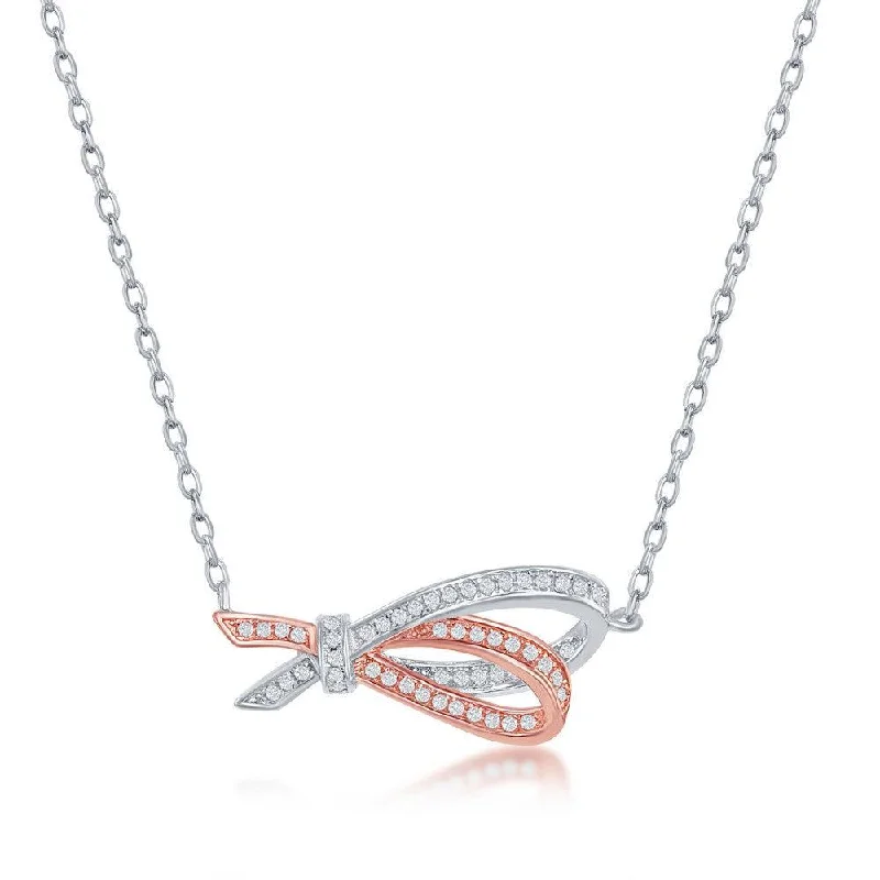 Ladies necklaces light luxury-Sterling Silver Rose GP Micro Pave Double Ribbon Necklace