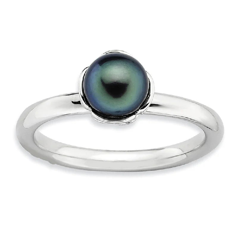 Ladies ring celebrity styles-Black FW Cultured Pearl & Sterling Silver Stackable Ring (6.0-6.5mm)