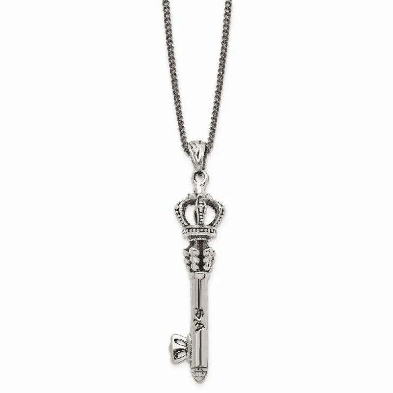 Ladies necklaces e-commerce sites-Stainless Steel Polished and Antiqued Crown Key Necklace