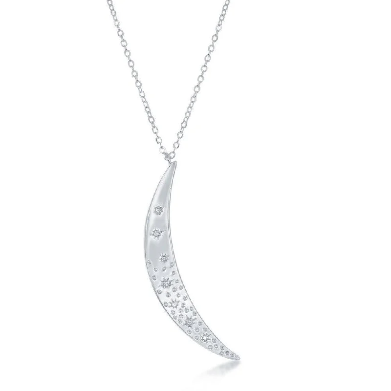 Ladies necklaces natural gems-Sterling Silver Cubic Zirconia Crescent Moon Necklace