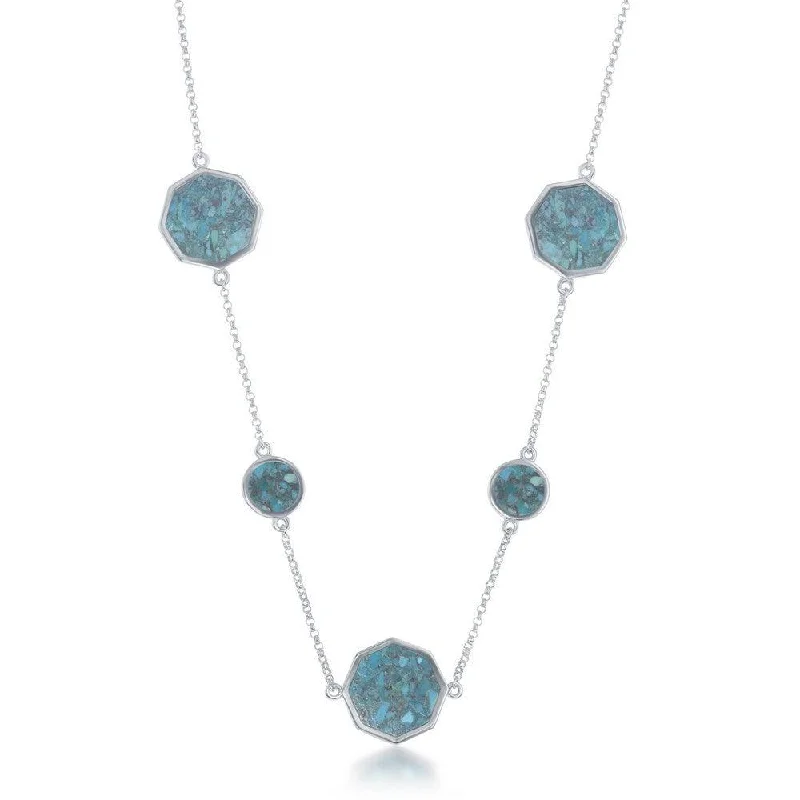 Ladies necklaces punk flair-Sterling Silver Round and Hexagon Necklace- Turquoise