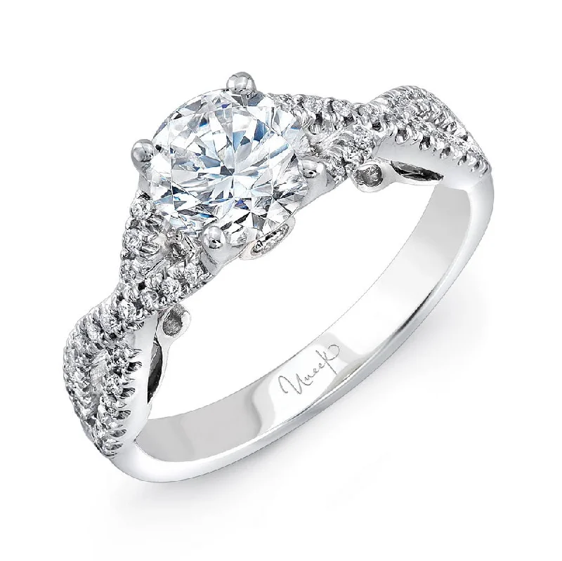 Ladies engagement rings modern flair-Uneek Paradiso Round Diamond Engagement Ring with Pave Infinty/Crisscross Shank and Under-the-Head Filigree