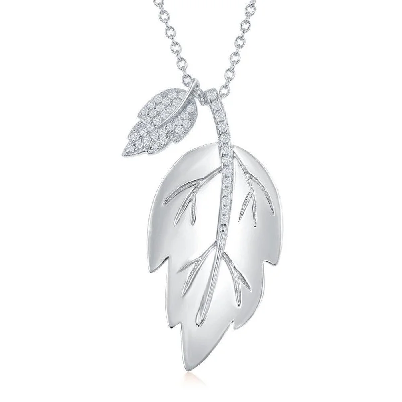 Ladies necklaces engraved names-Sterling Silver Shiny Leaf with Smaller Micro Pave Leaf Necklace