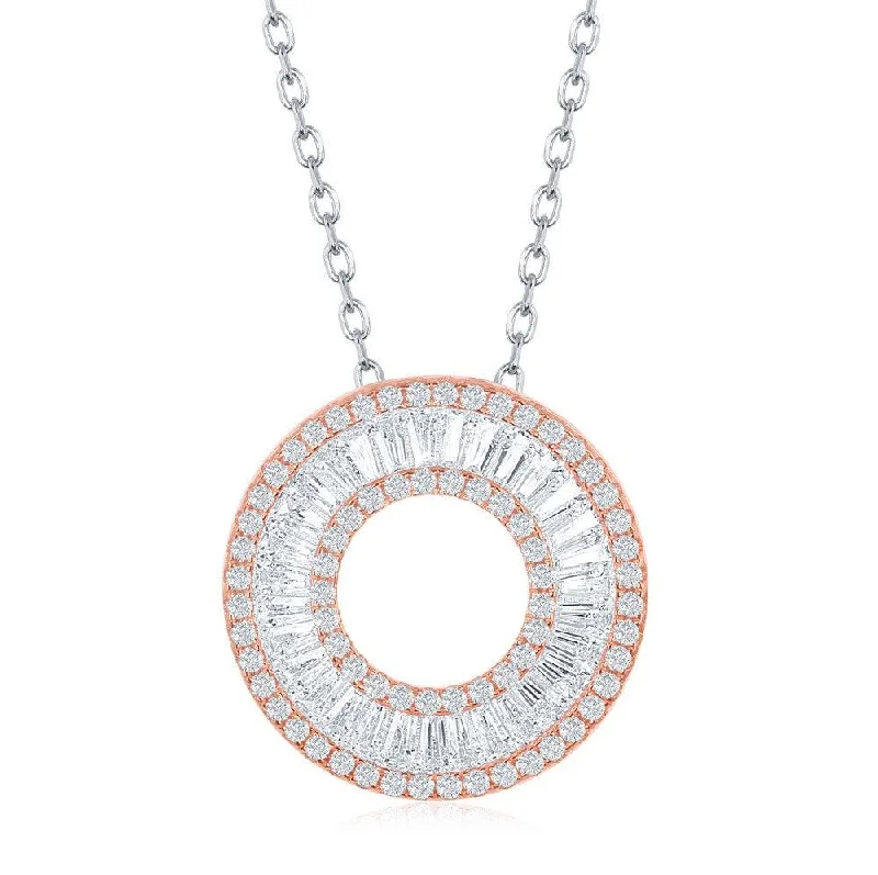 Ladies necklaces social media trends-Sterling Silver Rose Gold Plated Baguette CZ Open Circle Necklace