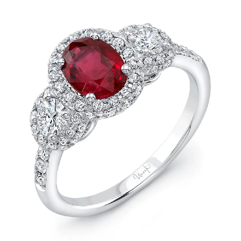 Ladies engagement rings vintage charm-Uneek Precious Collection 3-Stone-Halo Oval Shaped Ruby Engagement Ring