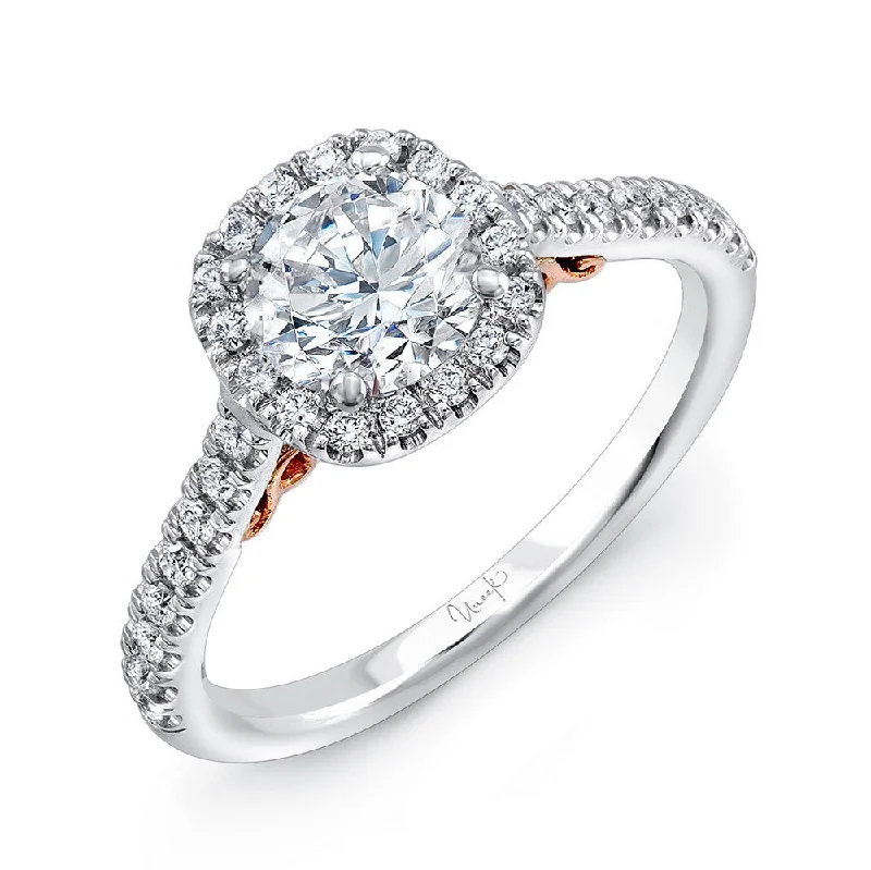 Ladies engagement rings cushion cut-Uneek Fiorire Round Diamond Engagement Ring with Cushion-Shaped Halo and Pave Shank