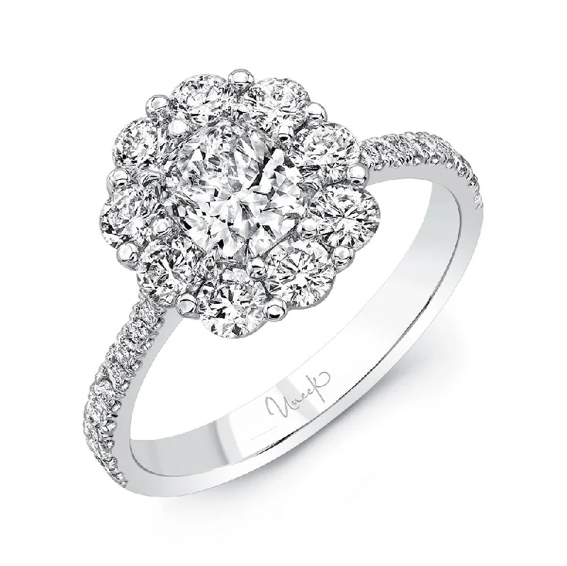 Ladies engagement rings dream styles-Uneek Cushion-Cut Diamond Engagement Ring with Floral-Inspired Shared-Prong Round Diamond Halo