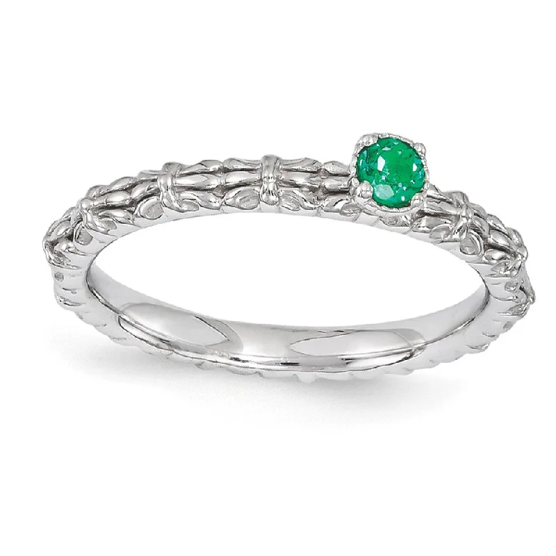 Ladies ring proposal choice-Sterling Silver Stackable Created Emerald Round Single Stone Ring