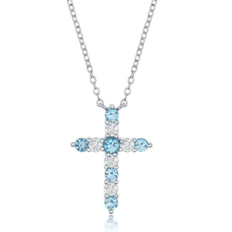 Ladies necklaces minimalist trends-Sterling Silver Swiss Blue CZ December Birthstone Cross Necklace