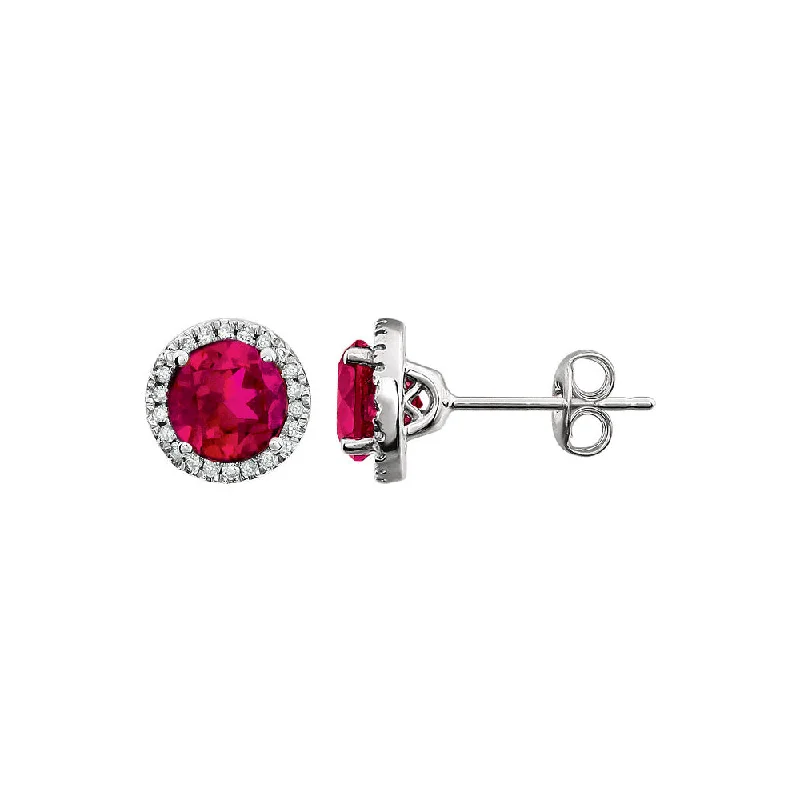 Ladies earrings e-commerce sites-8mm Halo Style Created Ruby & Diamond Earrings in 14k White Gold