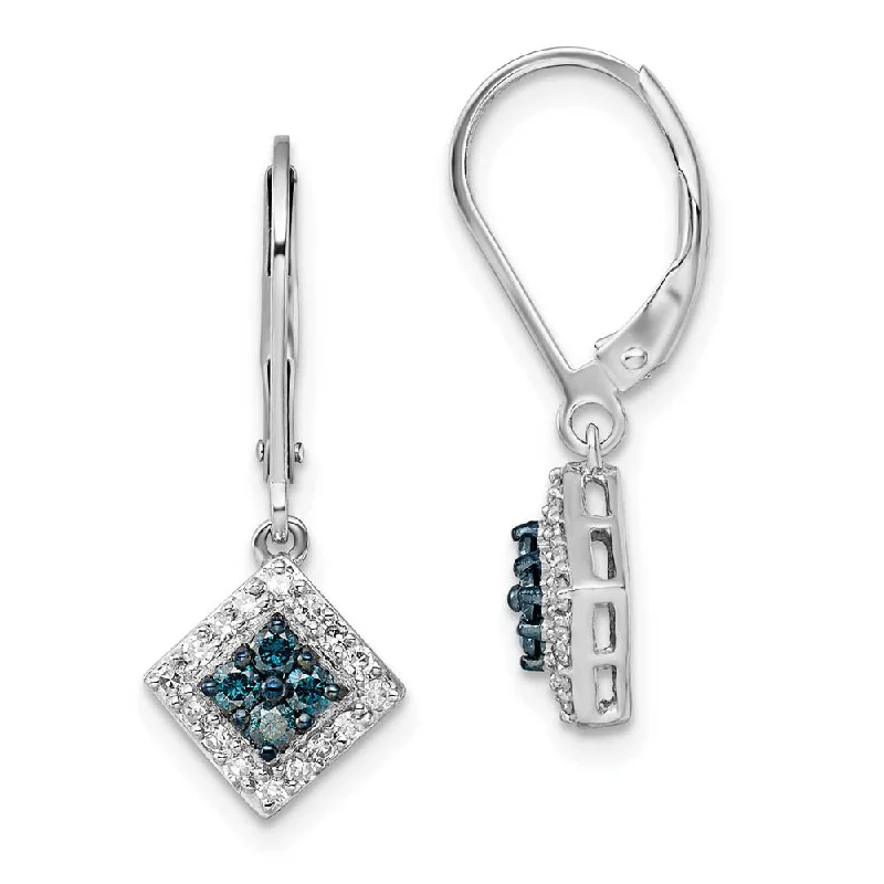 Ladies earrings group designs-Blue & White Diamond Small Square Sterling Silver Lever Back Earrings