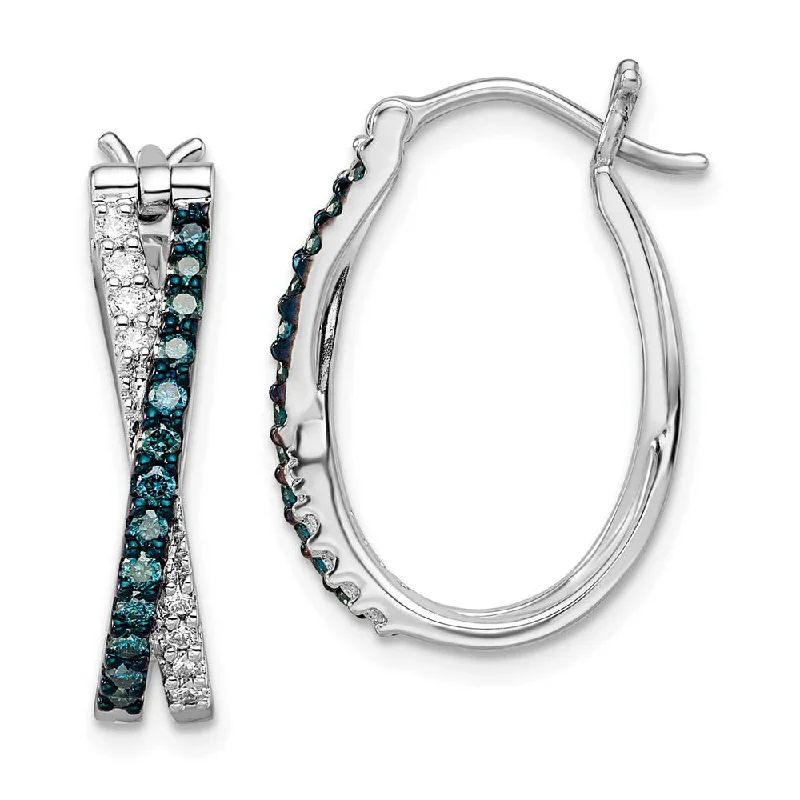 Ladies earrings animal themes-Blue & White Diamond Crossover Hinged Hoop Earrings in Sterling Silver