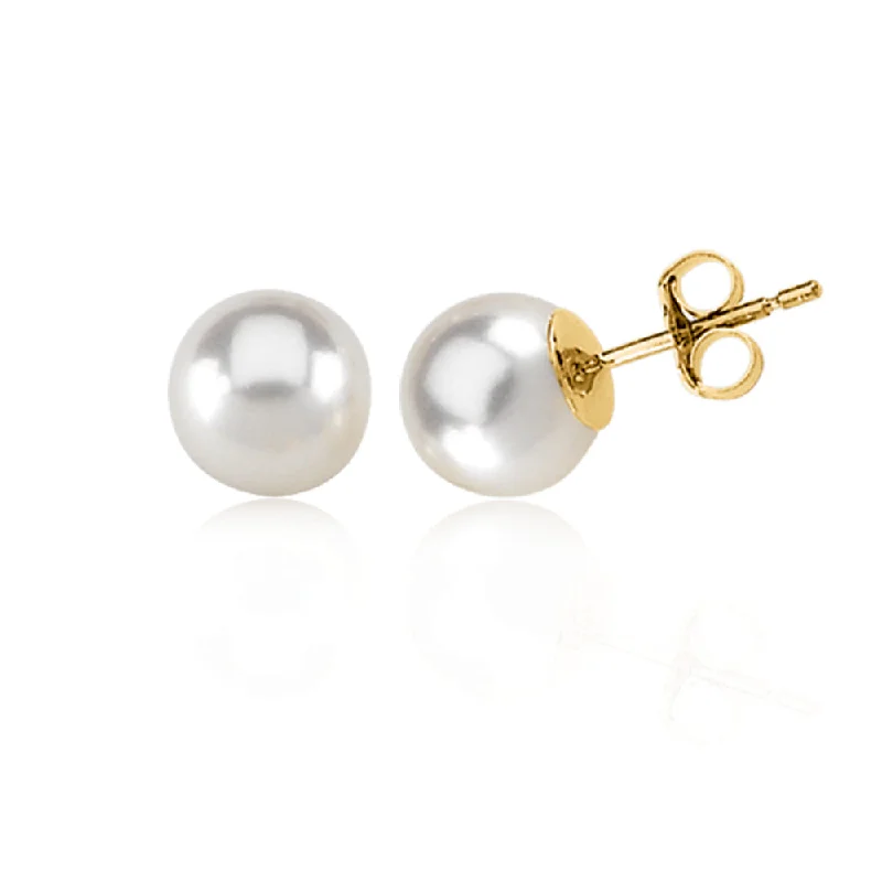 Ladies earrings celebrity styles-7mm White Akoya Cultured Pearl and 14k Yellow Gold Stud Earrings