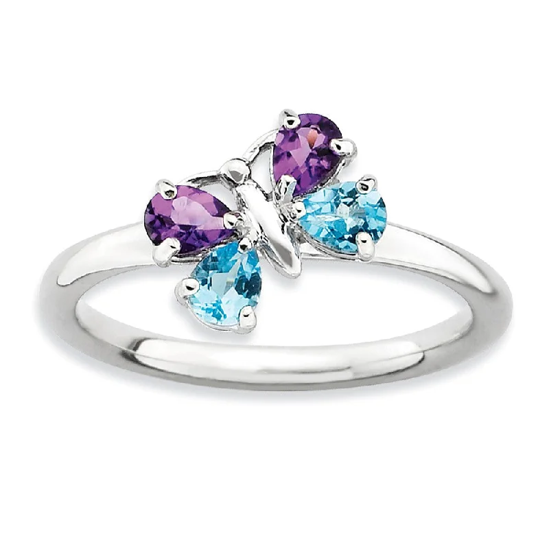 Ladies ring unique designs-Sterling Silver, Amethyst & Blue Topaz Butterfly Stackable Ring