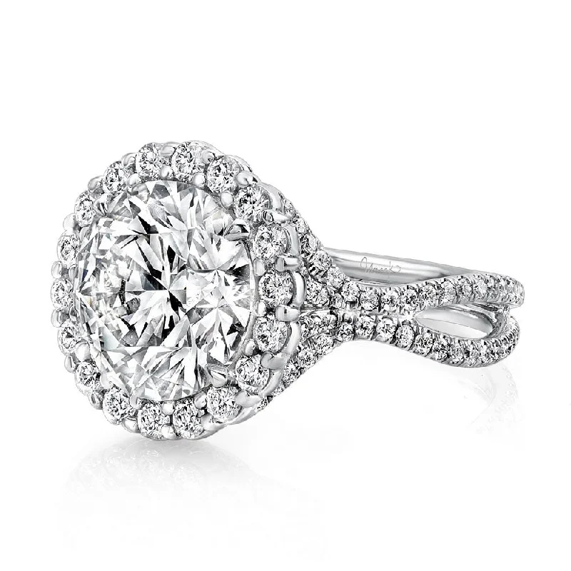 Ladies engagement rings gold styles-Uneek 5-Carat Round Diamond Halo Engagement Ring with Pave Double Shank