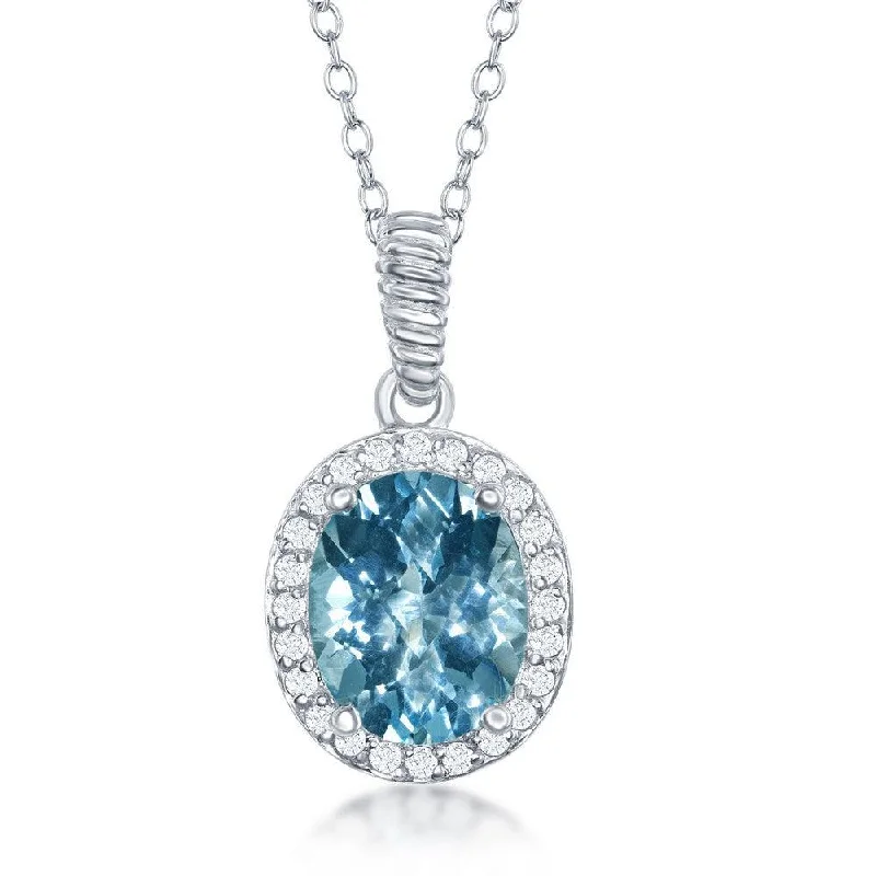 Ladies necklaces fashion trends-Sterling Silver Oval Blue Topaz with White Topaz Border Necklace