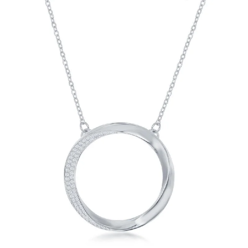 Ladies necklaces proposal gifts-Sterling Silver Half Micro-Pave Twisted Open Circle Necklace