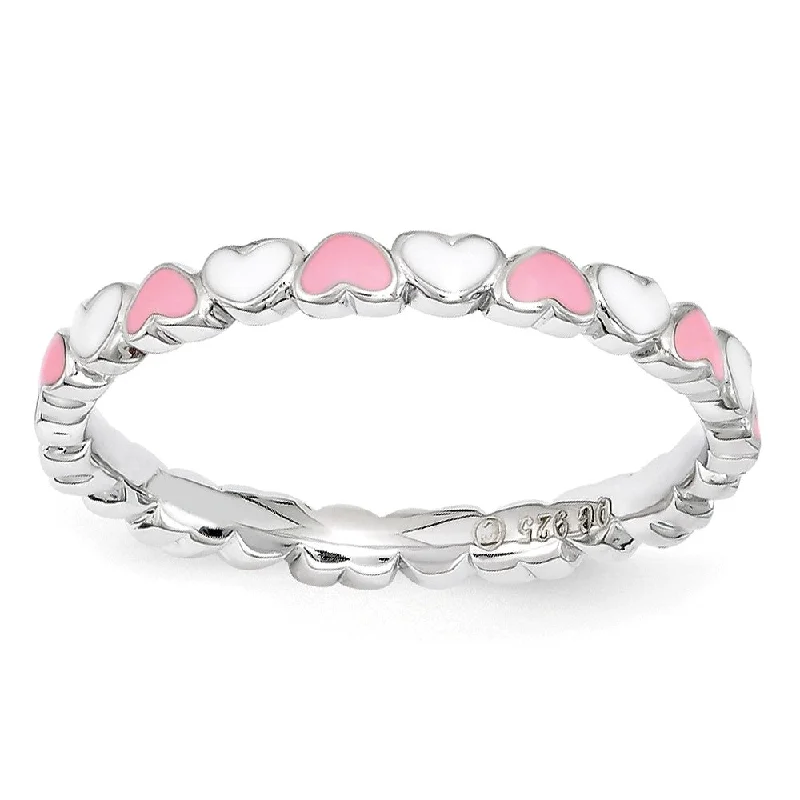 Ladies ring handmade pieces-2.5mm Sterling Silver Stackable Pink & White Enamel Heart Band