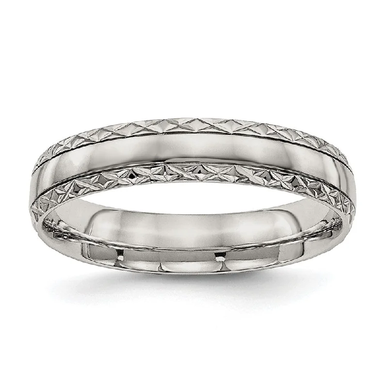 Ladies ring ethnic patterns-5mm Stainless Steel Grooved Crisscross Edge Standard Fit Band