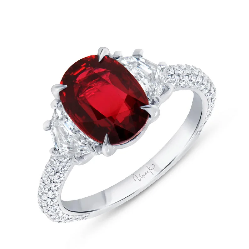 Ladies engagement rings fashion picks-Uneek Precious Collection 3-Sided Oval Shaped Ruby Engagement Ring