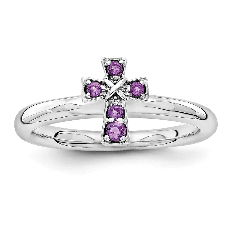 Ladies ring pearl accents-Rhodium Plated Sterling Silver Stackable Amethyst 9mm Cross Ring