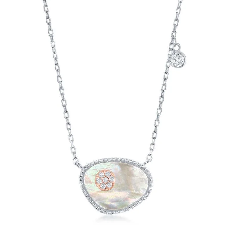 Ladies necklaces popular brands-Sterling Silver Oval MOP and RG CZ Circle with Single CZ Necklace