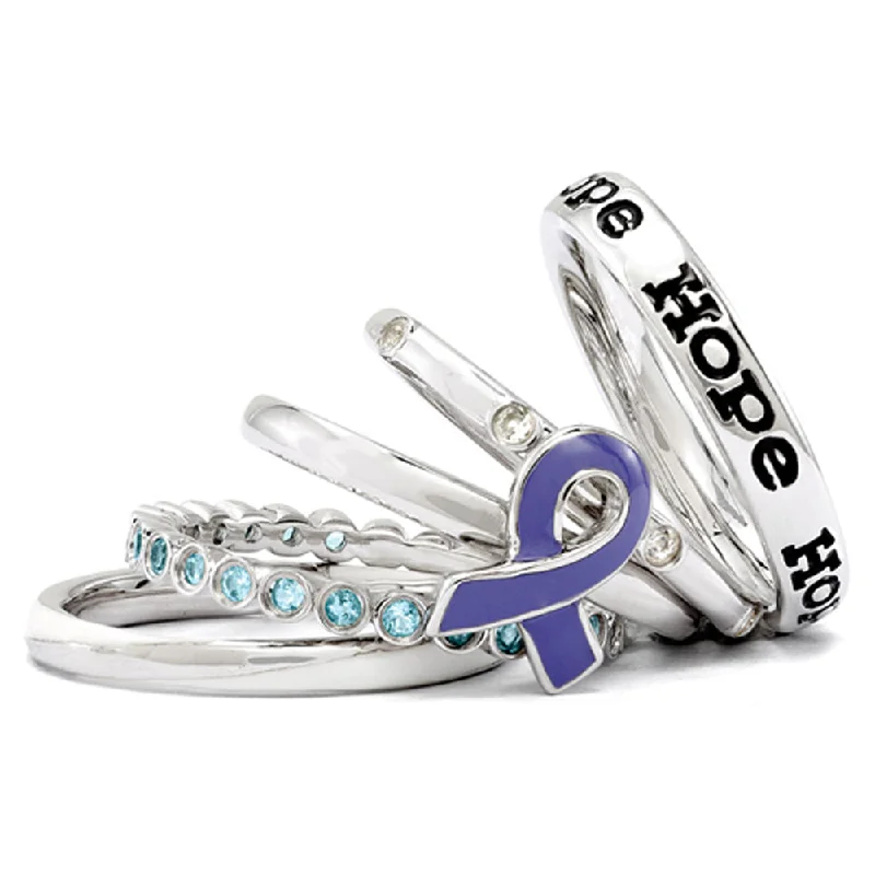 Ladies ring gothic appeal-Sterling Silver, Topaz, Purple Enamel Awareness Ribbon Stack Ring Set