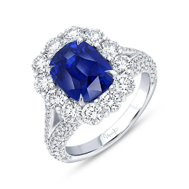 Ladies engagement rings investment value-Uneek Precious Collection Halo Cushion Cut Blue Sapphire Engagement Ring