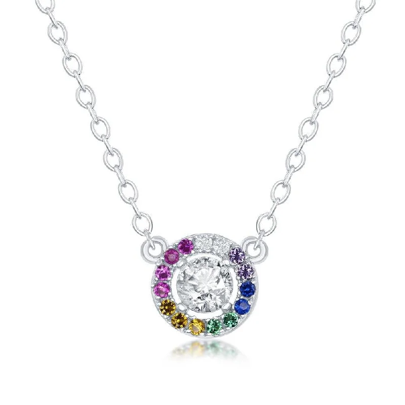 Ladies necklaces care tips-Sterling Silver White and Rainbow CZ Border Circle Necklace