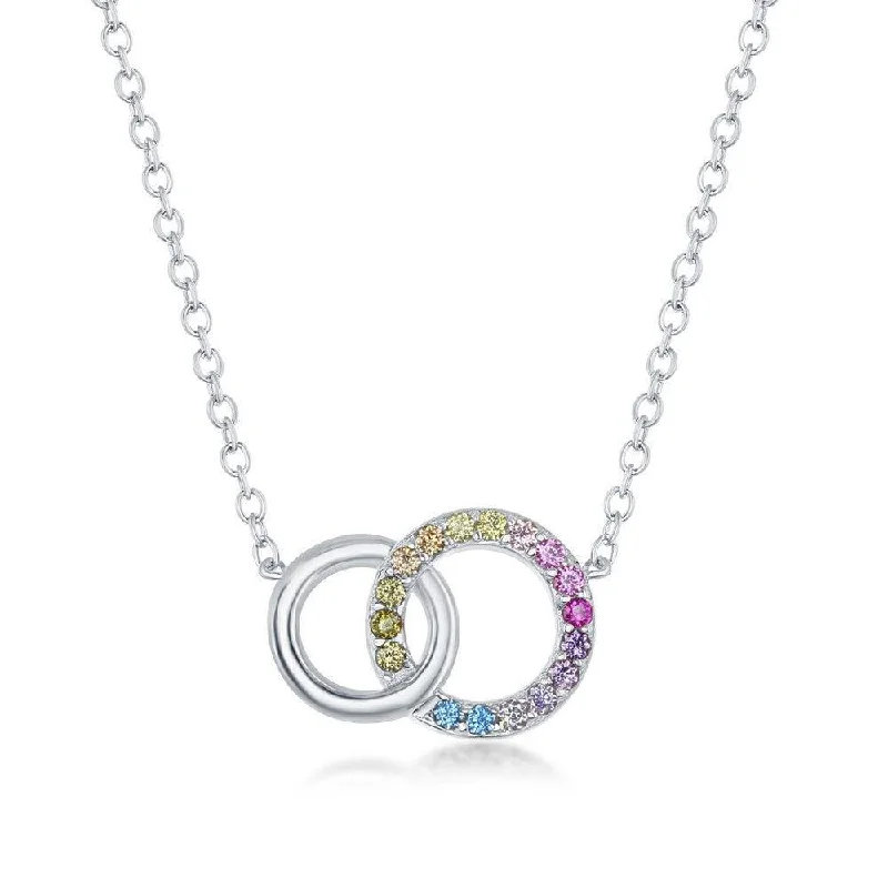 Ladies necklaces fashion trends-Sterling Silver Rainbow CZ Double Linked Circle Necklace