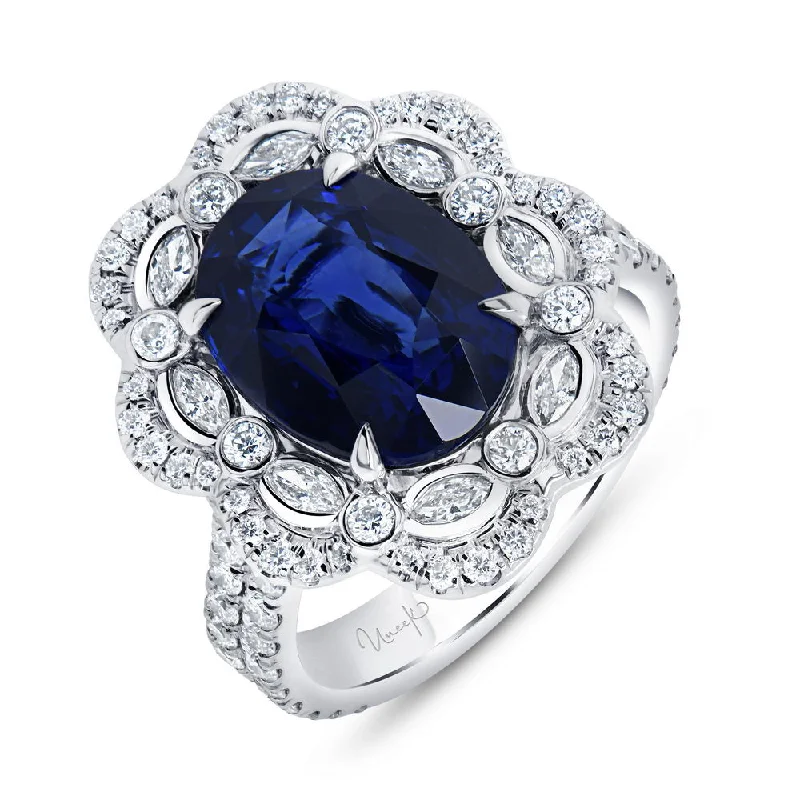 Ladies engagement rings retail shops-Uneek Precious Collection Double-Halo Oval Shaped Blue Sapphire Engagement Ring