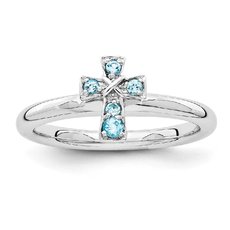 Ladies ring Valentine’s Day-Rhodium Plated Sterling Silver Stackable Blue Topaz 9mm Cross Ring