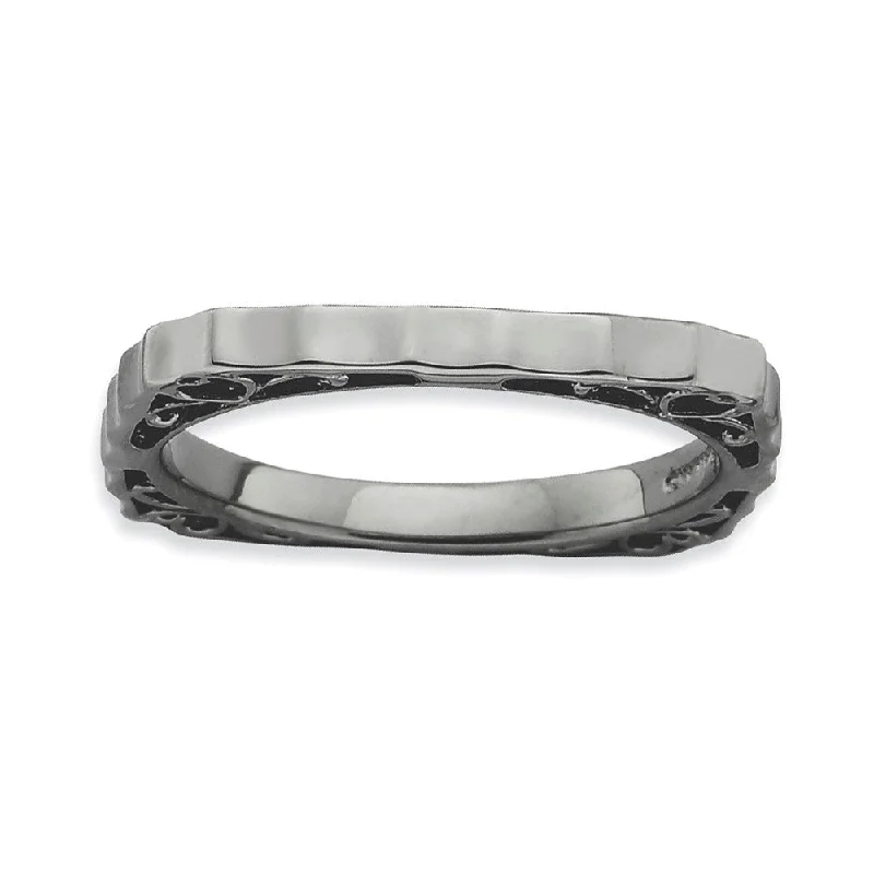 Ladies ring birthday presents-2.25mm Stackable Black Plated Silver Square Concave and Scroll Band