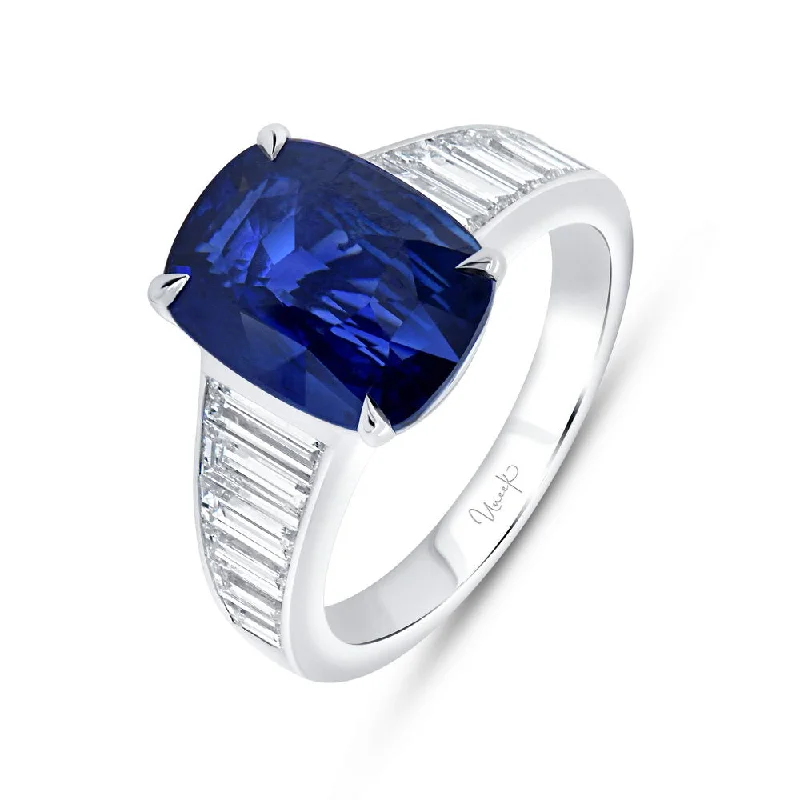 Ladies engagement rings halo settings-Uneek Precious Collection Tapered Cushion Cut Blue Sapphire Engagement Ring