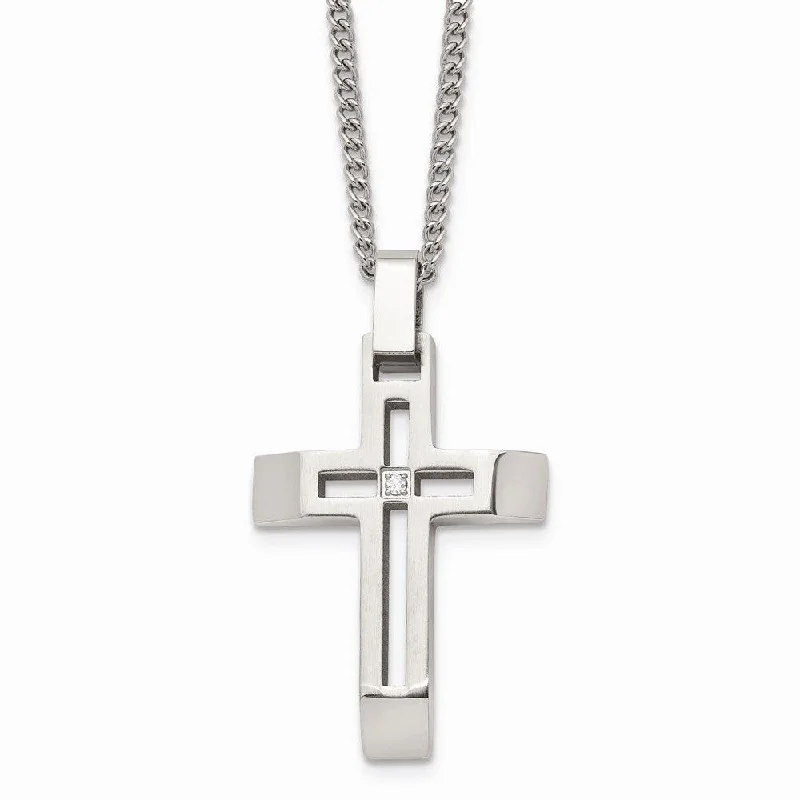 Ladies necklaces care tips-Stainless Steel Brushed and Polished Cross with CZ Necklace