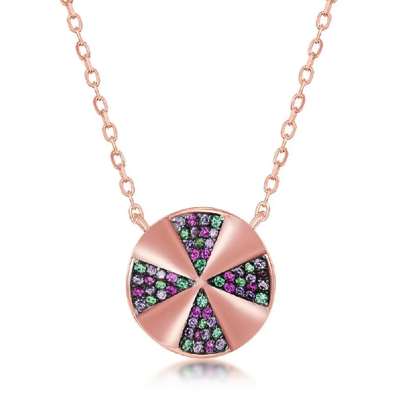 Ladies necklaces statement pieces-Sterling Silver Rose GP Rainbow CZ Designed Disc Necklace