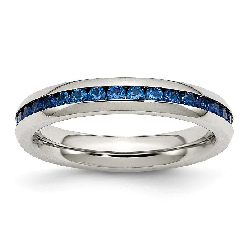 Ladies ring party wear-4mm Stainless Steel And Blue Cubic Zirconia Stackable Band