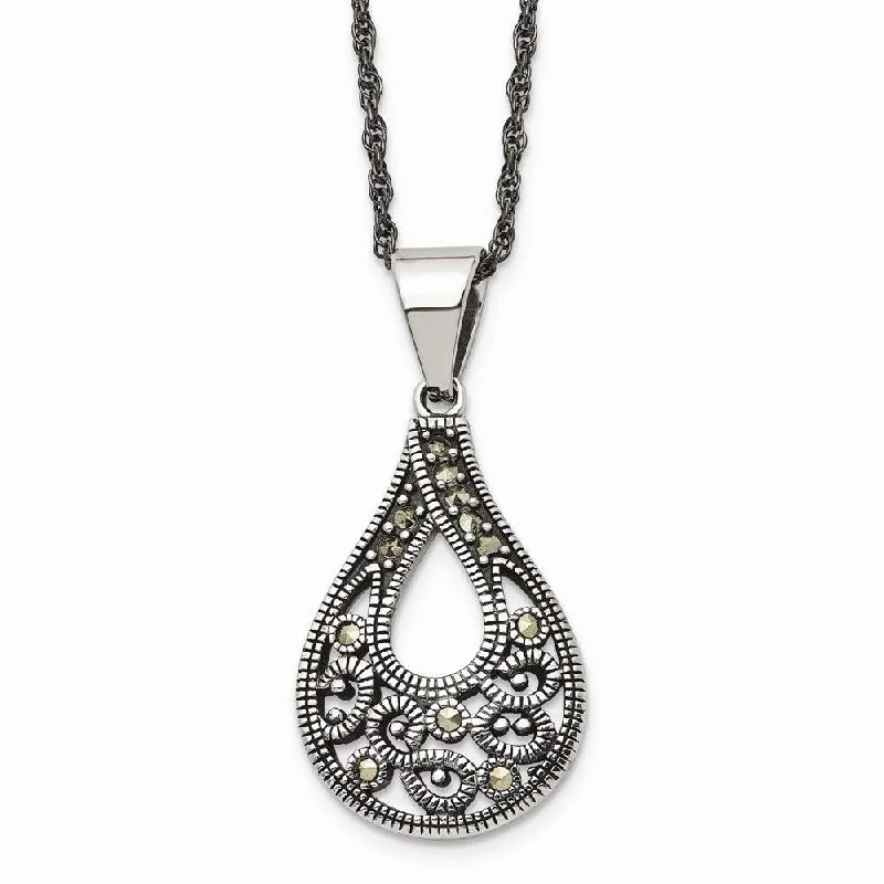 Ladies necklaces minimalist trends-Stainless Steel Textured Teardrop Marcasite Necklace