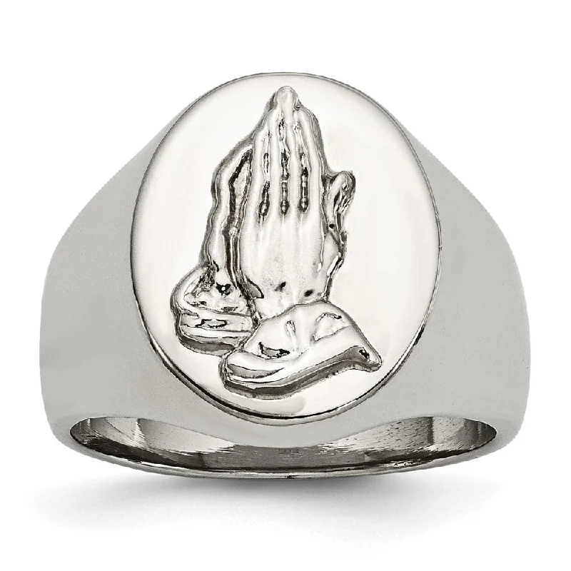 Ladies ring worldwide trends-Men's 17mm Stainless Steel & Sterling Silver Praying Hands Ring