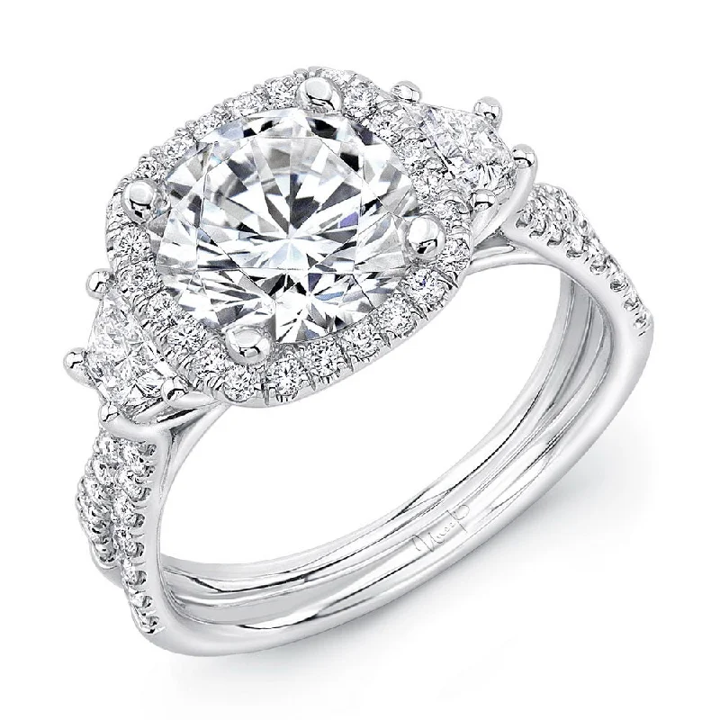 Ladies engagement rings Asian-inspired-Uneek Three-Stone Engagement Ring with Round Center on Cushion-Shaped Halo and Pave Double Shank