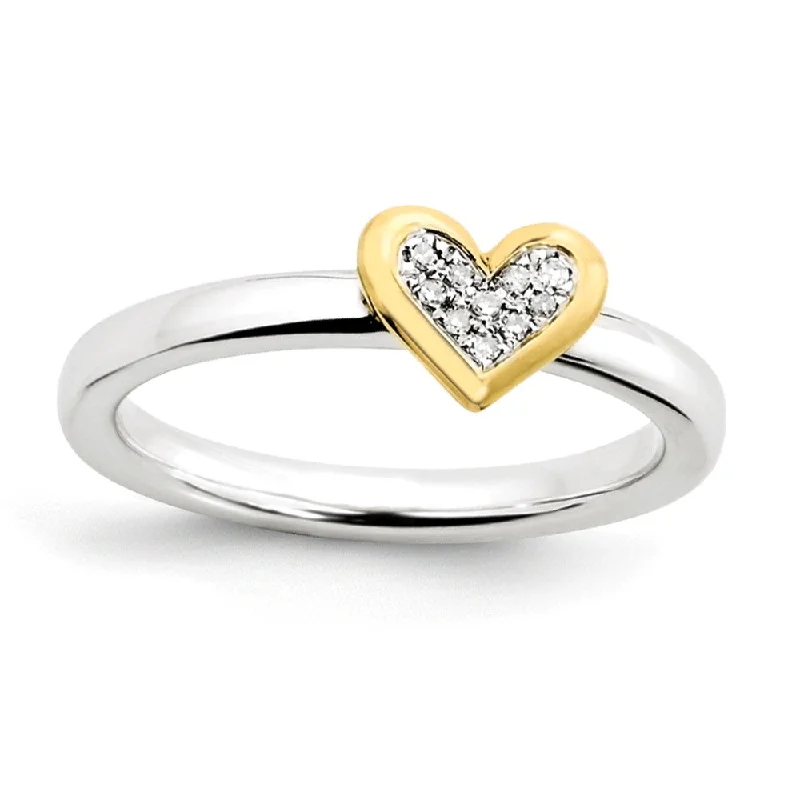 Ladies ring wedding bands-Sterling Silver .04 Ctw Diamond & 14k Vermeil 8mm Heart Stack Ring